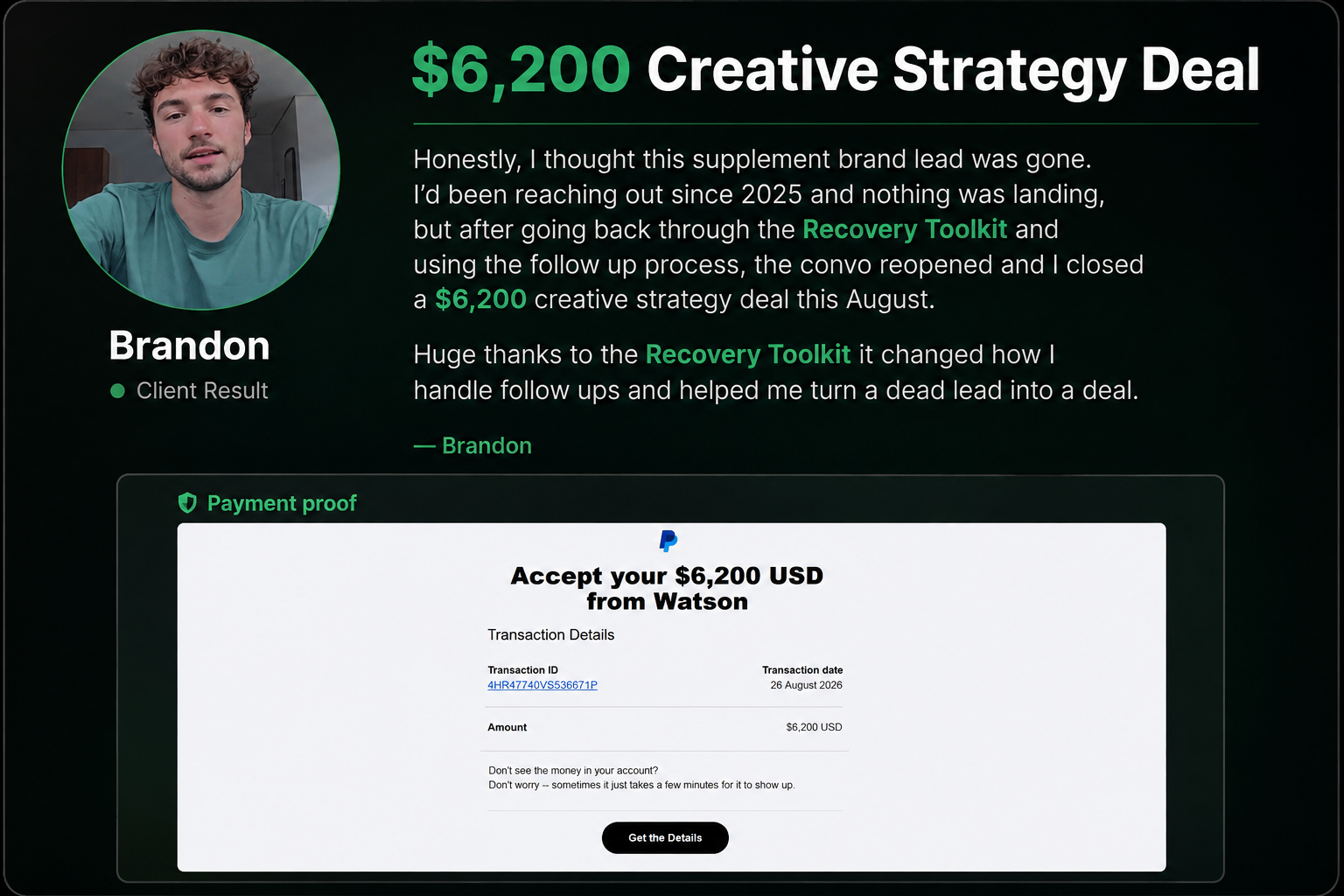 Brandon's $6,200 creative strategy client result and payment proof