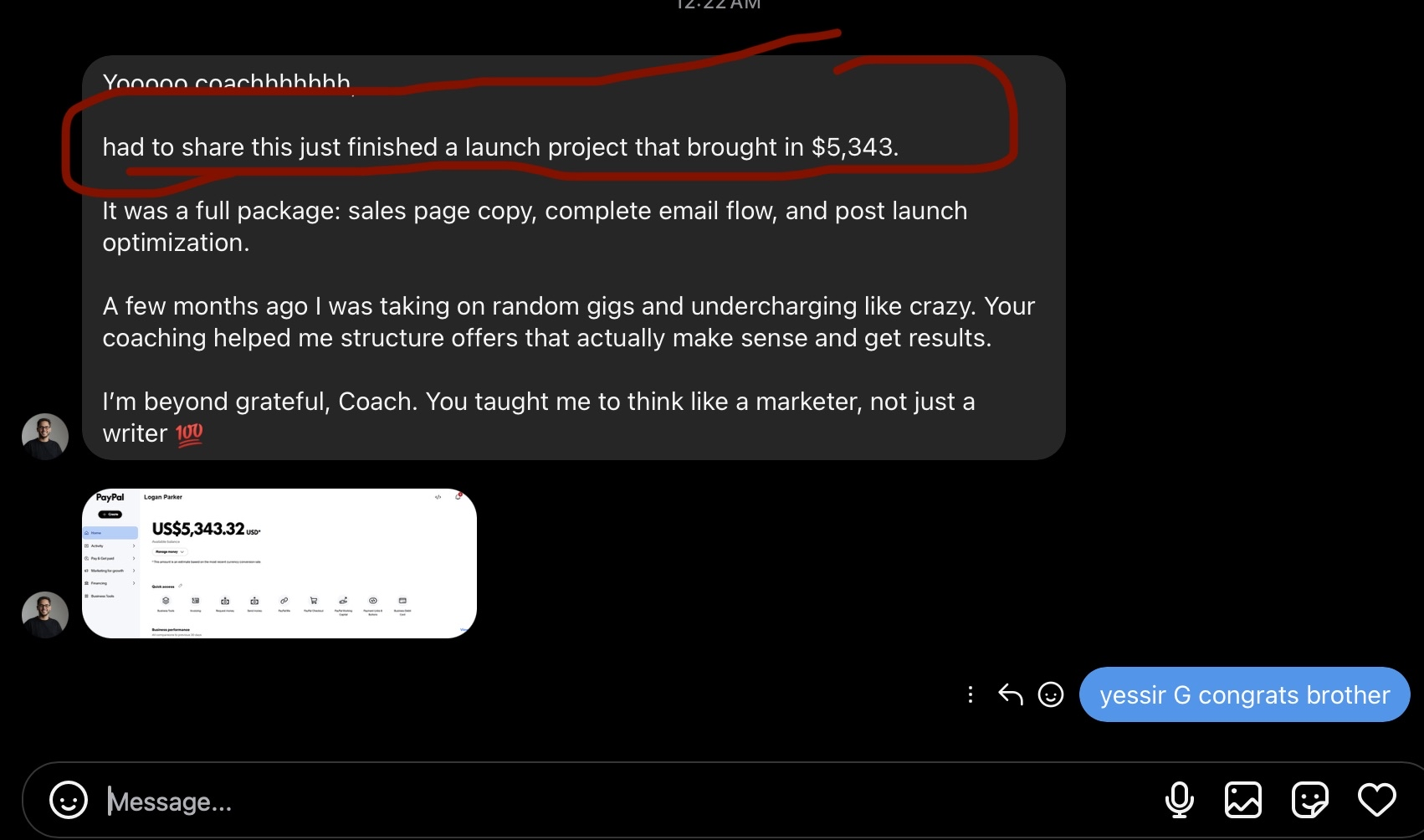 Client message sharing a $5,343 launch project result